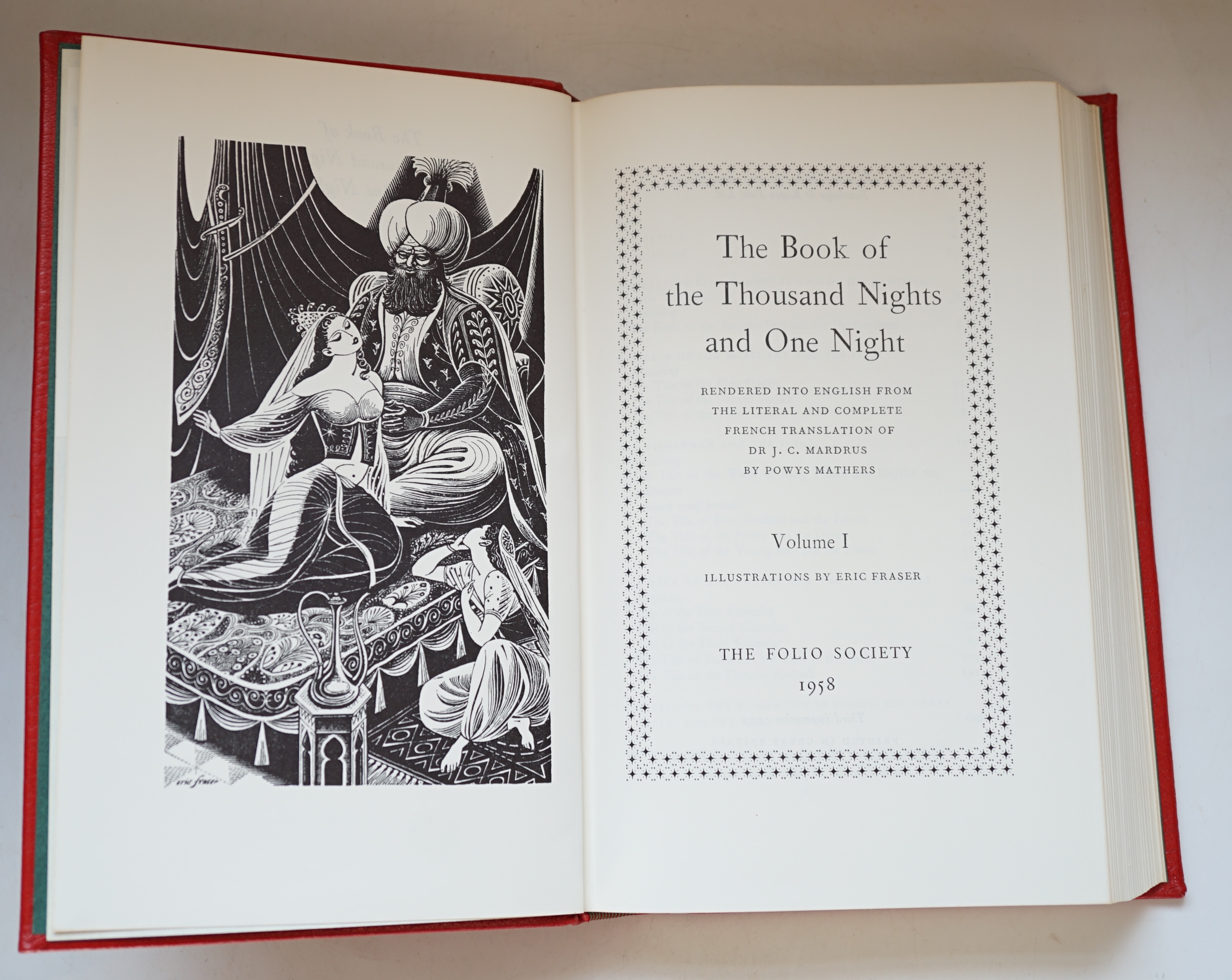 Folio Society - The Book of the Thousand Nights and One Night, rendered into English from the literal and complete French translation of Dr J. C. Mardrus by Powys Matheurs, 4 vols, 3rd impression , each with 13 illustrat